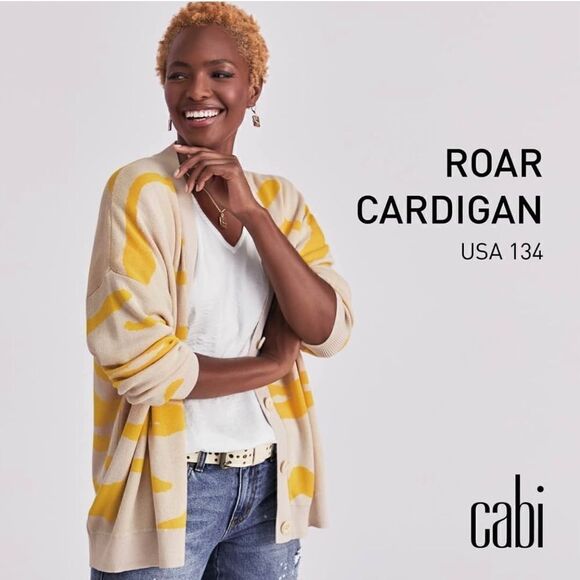 đ§„CAbiâXSâRoarâButton DownâCardiganâYellowâAnimalâPrintâNWOT - Picture 8 of 10